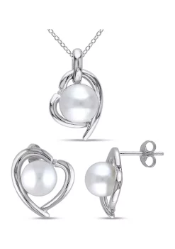 Best deal ❤️ 2 Piece Set of 8-9 MM Cultured Freshwater Pearl and Diamond Heart Stud Earrings and Pendant With Chain in Sterling Silver by Belk & Co. 🌟