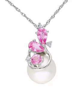 Wholesale 👍 Pearl, 5/8 ct. t.w. Pink Sapphire, 1/10 ct. t.w. Diamond Necklace in 10K White Gold by Belk & Co. 🎉