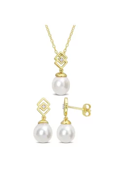 Budget 🌟 2-Piece Set of 8-9MM White South Sea Cultured Pearl and 1/10 ct. t.g.w. White Topaz Earrings and Pendant with Chain Set in Yellow Plated Sterling Silver by Belk & Co. 🥰 -DealsBelk & Co. Store Belk 32032