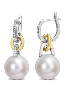 Deals 🛒 11-12MM Freshwater Cultured Pearl and 1/10 CT TW Diamond Huggie Drop Earrings in 14K Two-Tone Gold by Belk & Co. 🌟 -DealsBelk & Co. Store Belk 32167