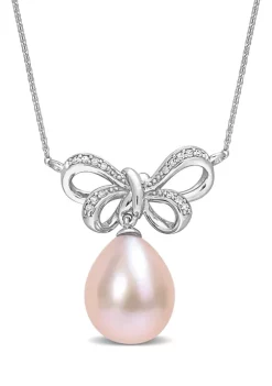 Top 10 🔥 9.5-10mm Freshwater Cultured Pink Pearl and Diamond Accent Bow Necklace in 10k White Gold by Belk & Co. ⌛ -DealsBelk & Co. Store Belk 32182