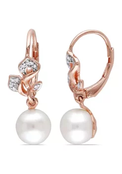 Hot Sale 🤩 7.5 - 8 MM White Cultured Freshwater Pearl and 1/10 CT TW Diamond Floral Leverback Drop Earrings in Rose Plated Sterling Silver by Belk & Co. 🎁 -DealsBelk & Co. Store Belk 32214