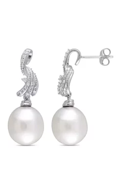 Outlet ⭐ 1/4 ct. t.w. Diamond and 11 to 11.5 Millimeter South Sea Pearl Earrings in 14k White Gold by Belk & Co. ⌛