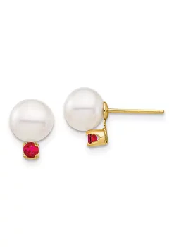 Hot Sale ๐ 1/5 ct. t.w. Ruby and 7-7.5mm White Round Freshwater Cultured Pearl Post Earrings in 14K Yellow Gold by Belk & Co. ๐งจ
