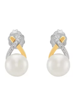 Cheap ⌛ Freshwater Pearl & Diamond Stud Earrings in Sterling Silver & 14K Yellow Gold by Belk & Co. 💯 -DealsBelk & Co. Store Belk 3243