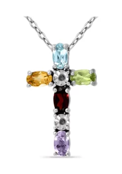 Budget 😀 1.13 ct. t.w. Multi Gemstone and Diamond Cross Necklace, Sterling Silver by Belk & Co. ✨