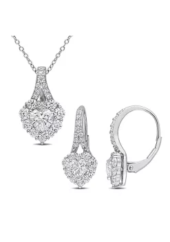 Cheap ✔️ Lab Created 4 CT DEW Created Moissanite Heart Halo Leverback Earrings and Pendant with Chain 2-piece Set in Sterling Silver by Belk & Co. 🎁