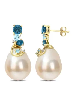 Cheapest 🥰 9-10MM South Sea Cultured Pearl Blue Topaz and Diamond Accent Drop Earrings in 14k Yellow Gold by Belk & Co. ✔️ -DealsBelk & Co. Store Belk 32648