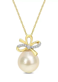 Cheap ⌛ 12-12.5MM Golden South Sea Cultured Pearl and Diamond Accent Bow Necklace in 14k Yellow Gold by Belk & Co. 😍