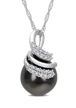 Hot Sale 🎁 9-10MM Tahitian Cultured Pearl and 1/10 CT TW Diamond Swirl Necklace in 14k White Gold by Belk & Co. 🎁