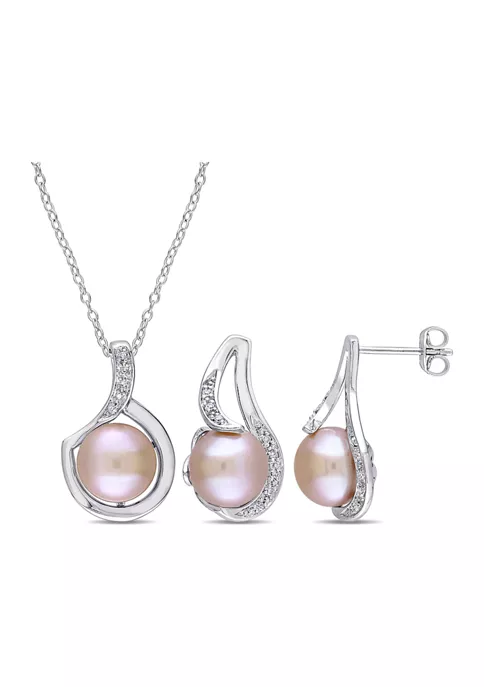 Discount โจ 2-Piece Set Pink Cultured Freshwater Pearl and 1/10 ct. t.w. Diamond Halo Earrings and Necklace in Sterling Silver by Belk & Co. ๐คฉ 1 Discount โจ 2-Piece Set Pink Cultured Freshwater Pearl and 1/10 ct. t.w. Diamond Halo Earrings and Necklace in Sterling Silver by Belk & Co. ๐คฉ