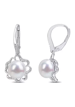 Discount 😀 9-9.5mm Freshwater Cultured Pearl and 1/10 CT TDW Diamond Floral Leverback Earrings in Sterling Silver by Belk & Co. 😍 -DealsBelk & Co. Store Belk 32759