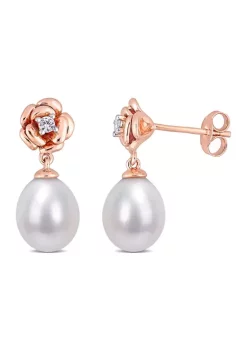 Deals 😉 Lab Created 8.5 - 9 MM Freshwater Cultured Pearl and 1/8 CT Created White Sapphire Floral Earrings in Rose Plated Sterling Silver by Belk & Co. 🧨