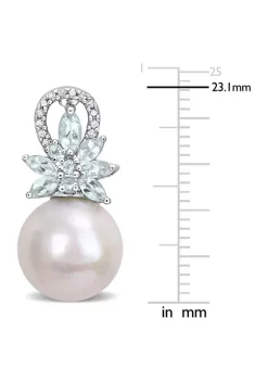 Promo 🧨 11-12mm Cultured Freshwater Pearl and 1 1/5 CT TGW Aquamarine and 1/10 CT TW Diamond Flower Earrings in Sterling Silver by Belk & Co. 🧨 -DealsBelk & Co. Store Belk 33099