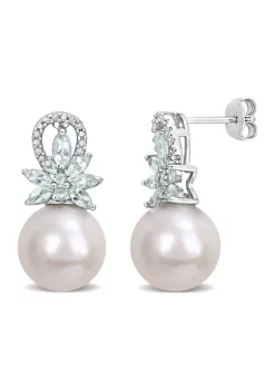 Promo 🧨 11-12mm Cultured Freshwater Pearl and 1 1/5 CT TGW Aquamarine and 1/10 CT TW Diamond Flower Earrings in Sterling Silver by Belk & Co. 🧨 -DealsBelk & Co. Store Belk 33101