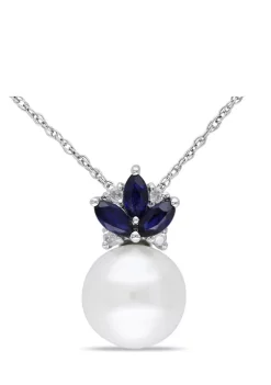 Brand new ๐ 8.5-9 Millimeter Cultured Freshwater Pearl, Sapphire and Diamond Floral Pendant with Chain in 10k White Gold by Belk & Co. ๐