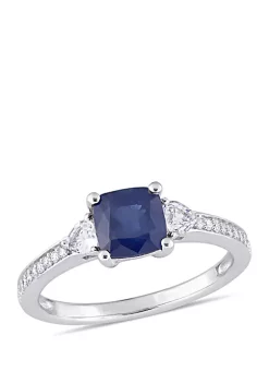 Best Sale 🎉 Sapphire and White Sapphire 3-Stone Ring with 1/10 ct. t.w. Diamond in 14k White Gold by Belk & Co. ⭐
