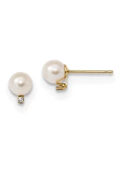Brand new 😀 14K Yellow Gold 5-5.5mm White Round Freshwater Cultured Pearl CZ Post Earrings by Belk & Co. 🛒