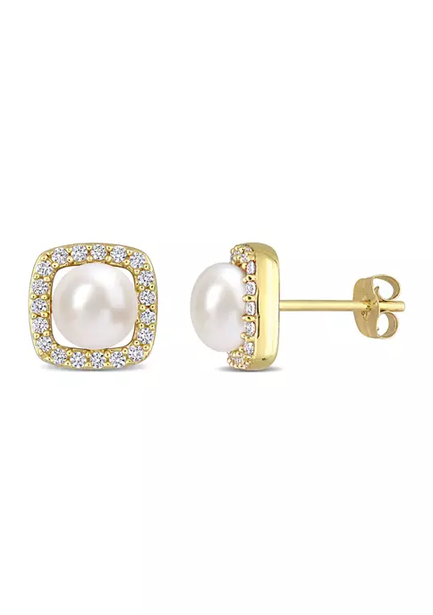 New ๐ฅ Lab Created 6-6.5mm Cultured Freshwater Pearl and 3/8 CT TGW Created White Sapphire Halo Earrings in 10k Yellow Gold by Belk & Co. ๐ 4 New ๐ฅ Lab Created 6-6.5mm Cultured Freshwater Pearl and 3/8 CT TGW Created White Sapphire Halo Earrings in 10k Yellow Gold by Belk & Co. ๐ - Image 4