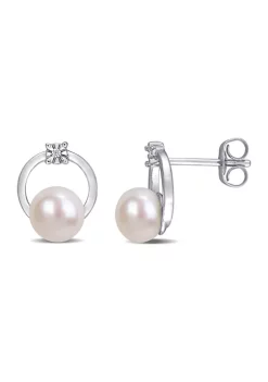 Outlet 👍 Cultured Freshwater Pearl and Diamond Circle Earrings in 10k White Gold by Belk & Co. 🤩