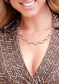 Best Sale 😀 8-8.5MM Cultured Freshwater Pearl and Cubic Zirconia Halo Necklace in 18k Yellow Gold Plated Sterling Silver by Belk & Co. 🛒 -DealsBelk & Co. Store Belk 33660