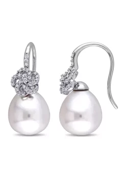 Wholesale ❤️ 10-10.5 Millimeter South Sea Cultured Pearl and 1/4 ct. t.w. Diamond Floral Drop Earrings in 14k White Gold by Belk & Co. 🌟