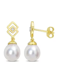 New 🔥 8-9mm South Sea Cultured Freshwater Pearl and White Topaz Drop Earrings in Yellow Plated Sterling Silver by Belk & Co. 🔥