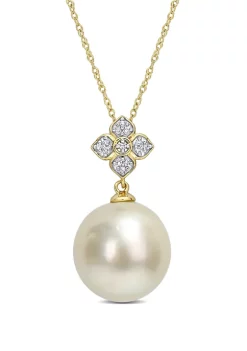 Best deal 👏 13-13.5MM South Sea Cultured Pearl and Diamond Accent Floral Necklace in 10k Yellow Gold by Belk & Co. 👏