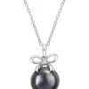 Outlet ✨ 12-12.5mm Black Freshwater Cultured Pearl and White Topaz Bow Pendant with Chain in Sterling Silver by Belk & Co. 🌟