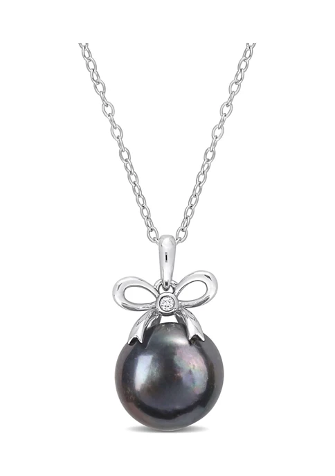Outlet ✨ 12-12.5mm Black Freshwater Cultured Pearl and White Topaz Bow Pendant with Chain in Sterling Silver by Belk & Co. 🌟 1 Outlet ✨ 12-12.5mm Black Freshwater Cultured Pearl and White Topaz Bow Pendant with Chain in Sterling Silver by Belk & Co. 🌟