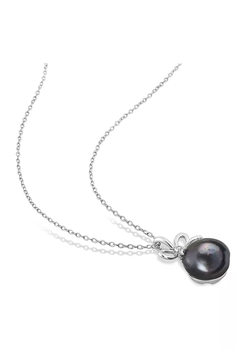 Outlet ✨ 12-12.5mm Black Freshwater Cultured Pearl and White Topaz Bow Pendant with Chain in Sterling Silver by Belk & Co. 🌟 4 Outlet ✨ 12-12.5mm Black Freshwater Cultured Pearl and White Topaz Bow Pendant with Chain in Sterling Silver by Belk & Co. 🌟 - Image 4