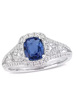 Budget 👏 1.16 ct. t.g.w. Blue Sapphire and 5/8 ct. t.w. Diamond Vintage Halo Ring in 14K White Gold by Belk & Co. 🥰
