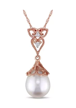 Cheapest 💯 9-9.5 Millimeter Cultured Freshwater Pearl and Diamond Vintage Drop Pendant with Chain in 14k Rose Gold by Belk & Co. 🥰