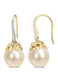 Promo 🤩 9-10MM South Sea Cultured Pearl and 1/7 CT TW Diamond Drop Earrings in 14k Yellow Gold by Belk & Co. 🥰