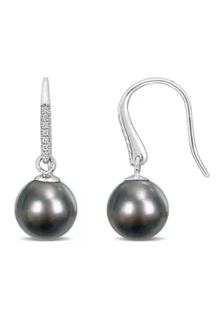 Hot Sale 😉 9.5-10mm Black Tahitian Cultured Pearl and Diamond Accent Shepherd Drop Hook Earrings in 14k White Gold by Belk & Co. 🤩