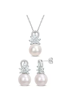 Buy โ๏ธ 2-Piece Set of 11-12MM Freshwater Cultured Pearl, 1/6 ct. t.w. Diamond and 1.8 ct. t.g.w. Aquamarine Earrings and Pendant with Chain in Sterling Silver by Belk & Co. ๐