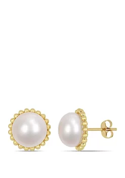 Hot Sale 😀 10.5 mm-11 mm Cultured Freshwater Pearl Halo Stud Earrings in 10k Yellow Gold by Belk & Co. 🎁