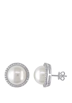 Best deal 👍 12.5-13 Millimeter Cultured Freshwater Pearl and 1/2 ct. t.w. Diamond Halo Stud Earrings in 14K White Gold by Belk & Co. ⌛