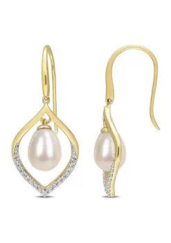 Outlet ✔️ 8-8.5mm Freshwater Cultured Pearl and 1/3 CT TGW White Topaz Open Hook Earrings in Yellow Plated Sterling Silver by Belk & Co. 😀 -DealsBelk & Co. Store Belk 34971