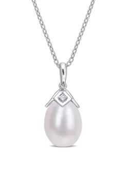 Discount 🥰 Lab Created 8.5-9mm Freshwater Cultured Pearl and Created White Sapphire Drop Pendant with Chain in Sterling Silver by Belk & Co. ❤️
