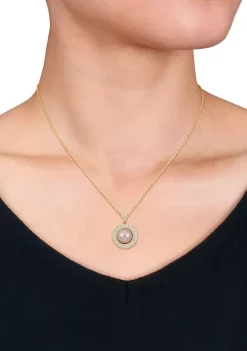 Discount ⌛ 11-12mm Freshwater Cultured Peach Pearl and 2 3/8 CT TGW Cubic Zirconia Halo Pendant with Chain in Yellow Plated Sterling Silver by Belk & Co. ✔️ -DealsBelk & Co. Store Belk 34985