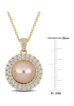Discount ⌛ 11-12mm Freshwater Cultured Peach Pearl and 2 3/8 CT TGW Cubic Zirconia Halo Pendant with Chain in Yellow Plated Sterling Silver by Belk & Co. ✔️ -DealsBelk & Co. Store Belk 34986