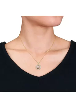 Discount ⌛ 11-12mm Freshwater Cultured Peach Pearl and 2 3/8 CT TGW Cubic Zirconia Halo Pendant with Chain in Yellow Plated Sterling Silver by Belk & Co. ✔️ -DealsBelk & Co. Store Belk 34987