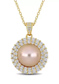 Discount ⌛ 11-12mm Freshwater Cultured Peach Pearl and 2 3/8 CT TGW Cubic Zirconia Halo Pendant with Chain in Yellow Plated Sterling Silver by Belk & Co. ✔️ -DealsBelk & Co. Store Belk 34988
