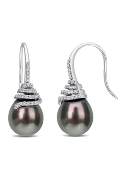 Hot Sale 🤩 10-11mm Black Tahitian Cultured Pearl and 1/3 CT TW Diamond Swirl Hook Earrings in 14k White Gold by Belk & Co. 🔥