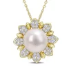 Promo 👍 8.5-9 MM Cultured Freshwater Pearl and 1 CT TGW White Topaz Floral Pendant with Chain in Yellow Plated Sterling Silver by Belk & Co. ✔️
