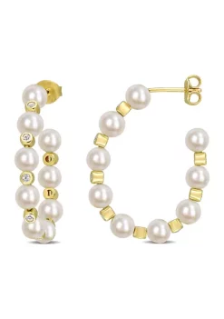 Discount 😀 4.5-5mm Freshwater Cultured Pearl and 1/2 CT TGW White Topaz Beaded Hoop Earrings in Yellow Plated Sterling Silver by Belk & Co. ❤️