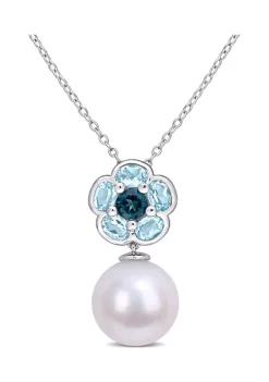 Discount 🤩 1 3/5 CT TGW Blue Topaz and 11-12 mm Freshwater Cultured Pearl Floral Pendant with Chain in Sterling Silver by Belk & Co. 🛒
