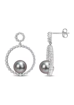 Hot Sale 👍 8-8.5mm Black Tahitian Cultured Pearl and 1 1/10 CT TGW White Sapphire Circle Earrings in 10k White Gold by Belk & Co. 🎁 -DealsBelk & Co. Store Belk 35548