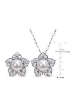 Cheapest 🤩 Lab Created 8.5-9 MM Freshwater Cultured Pearl and 4 1/10 CT TGW Created White Sapphire Flower Earrings and Pendant with Chain in Sterling Silver by Belk & Co. 👏 -DealsBelk & Co. Store Belk 35624